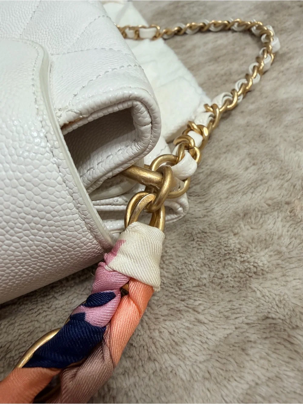 CHANEL White Quilted Leather Shoulder Bag with Multicolor Braided Handle